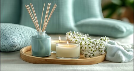 Luxury Spa Setting with Lit Candles Reed Diffuser and White Floral Arrangement : Generative AI