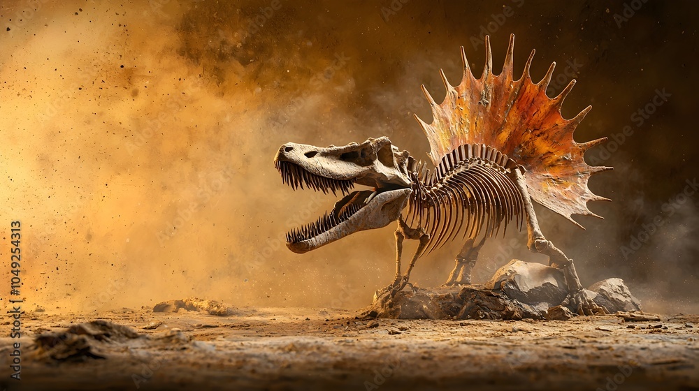 Poster spinosaurus spine fossil standing upright against a plain background showcased for scientific study 