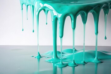 A puddle of vibrant aqua slime drips slowly onto a pristine white surface, creating an abstract art piece, slow motion, viscous liquid, colorful drops, wet texture, isolated white background