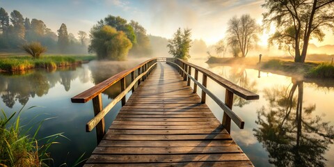 Fototapeta premium A rustic wooden bridge spanning a serene river on a misty morning, serene water, nature, misty morning, wood
