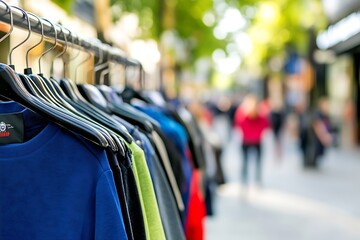 Row of colorful clothes on a rack in a vibrant outdoor shopping street : Generative AI