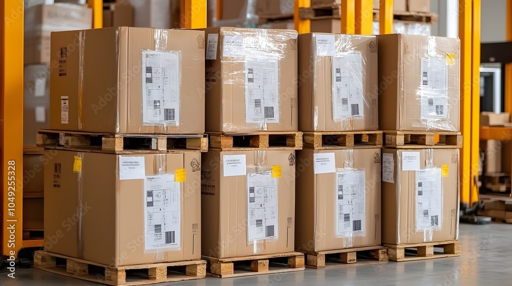 Poster stacks of porcelain tiles neatly packed into cardboard boxes ready for shipment and distribution to 