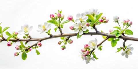 Close-up of apple tree branch with blossoms, minimalist and serene