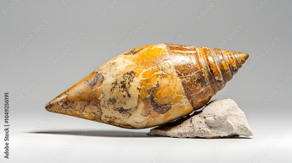 Poster Striking Close up Image of Prehistoric Baculite Fossil with Distinctive Straight Shell Lying on Neutral Colored Surface for Geological Paleontological or Educational Purposes
