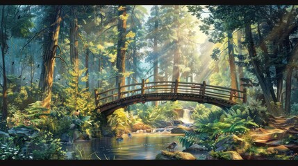 A Wooden Bridge Spanning a Tranquil Forest Stream