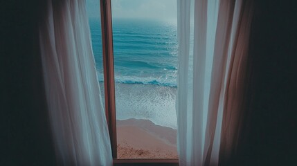 Fototapeta premium Tranquil Beach View Through Window with Sheer Curtains