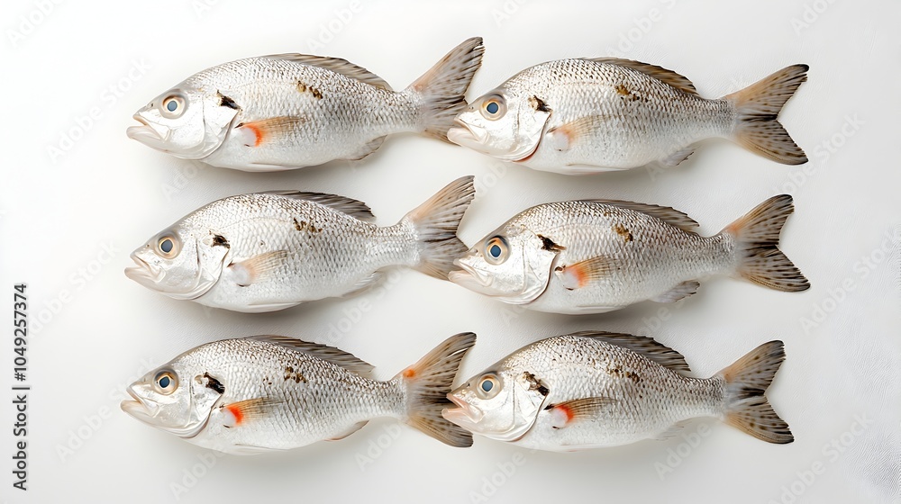 Poster Symmetrically aligned school of croaker fish in a minimalist clean composition on a plain white backdrop  This image showcases the natural beauty and geometric patterns found in the marine ecosystem