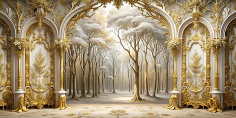 Fototapeta premium Panoramic golden white forest with rococo decoration