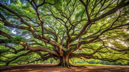 A sprawling tree with a massive canopy overhead, its branches stretching out in all directions like a celestial map, root system, botanical, wooden branches, tree silhouette