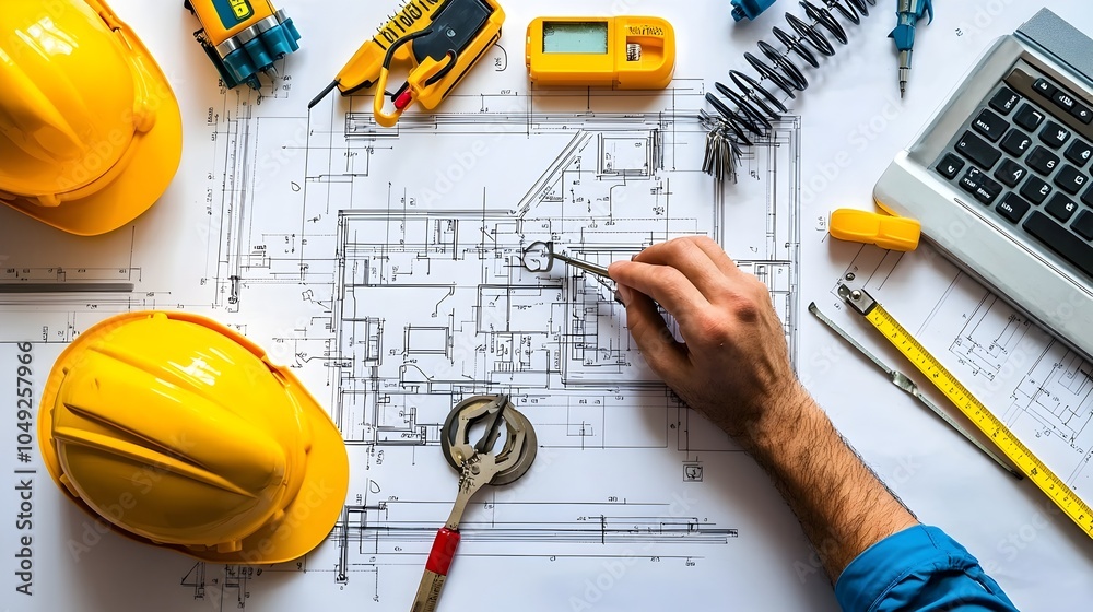 Poster technician or professional inspecting pvc pipe connections and fittings using various measurement to
