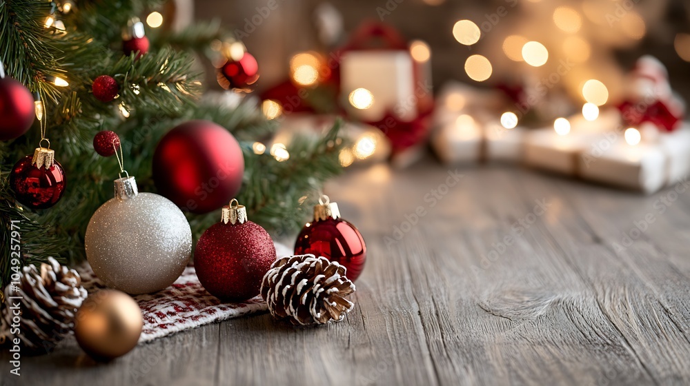 Poster traditional christmas tree setting with pinecones baubles and wrapped gifts on table : generative ai