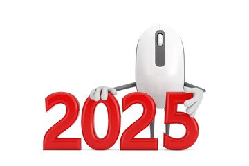 Computer Mouse Cartoon Person Character Mascot with Red 2025 New Year Sign. 3d Rendering