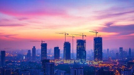 Fototapeta premium Urban City Skyline at Sunset with Construction Cranes over Rising Skyscrapers : Generative AI