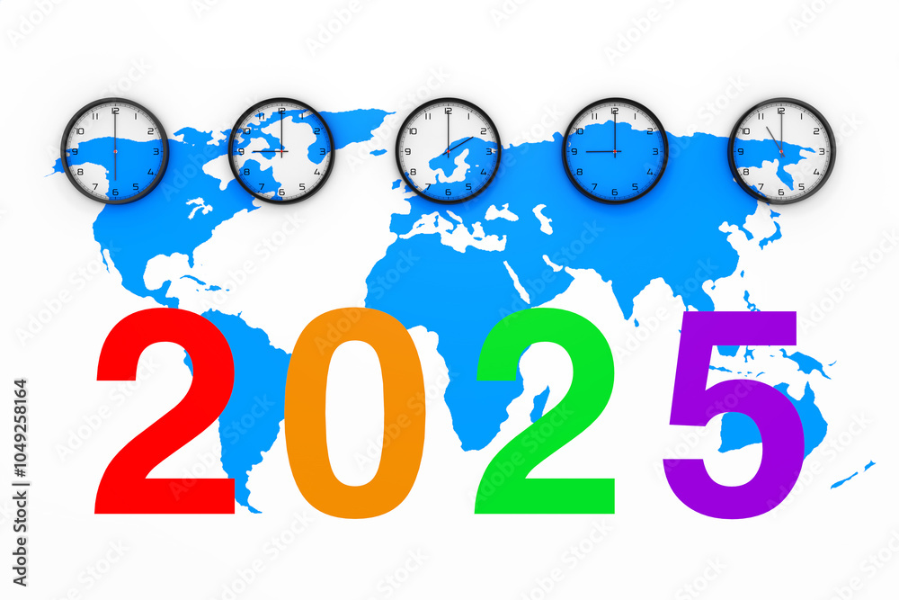 Poster Set of Clocks with Different World Time, Blue World Map and New 2025 Year Sign. 3d Rendering