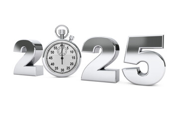 New year 2025 concept. 2025 steel sign with stopwatch . 3d Rendering