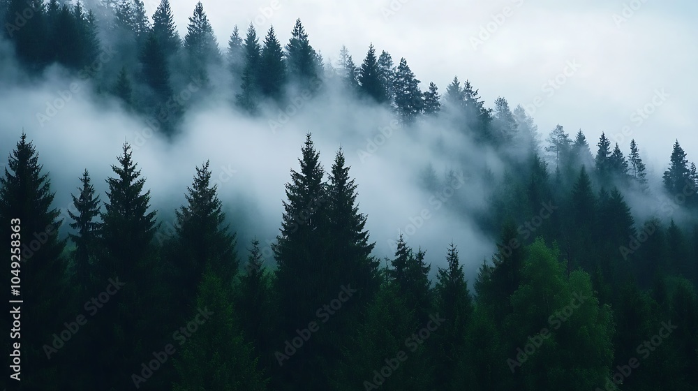 Poster Serene Misty Pine Forest with Fog Rolling Over Tree Tops at Dawn : Generative AI