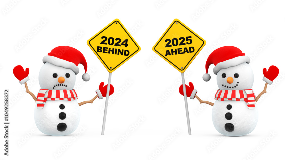 Aufkleber Snowmans with 2024 and 2025 Year Signs. 3d Rendering