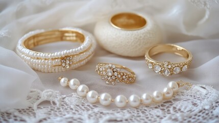 Elegant Gold and Pearl Jewelry on Soft Fabric