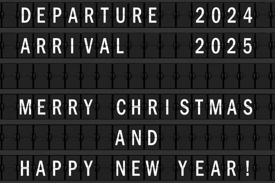 Airport Announcement Flip Mechanical Timetable with Hapy Merry Christmas and Happy New 2025 Year Sign. 3d Rendering