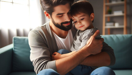 A loving family enjoys time together at home, with a couple watching TV and a parent playing video games with their child on the sofa