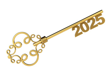 Golden Vintage Key with 2025 year Sign. 3d Rendering