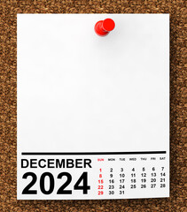 Calendar December 2024 on Blank Note Paper. 3d Rendering