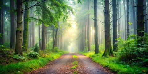 Fototapeta premium Serene misty forest trail with glowing particles