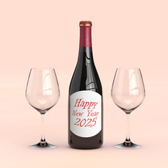 Two Wine Glasses and Red Wine Bottle with Happy New Year 2025 Sign. 3d Rendering