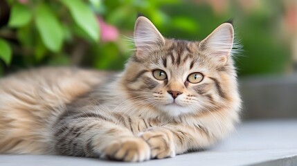 Charming young tabby kitten gazing with bright expressive eyes while lounging in vibrant garden : Generative AI