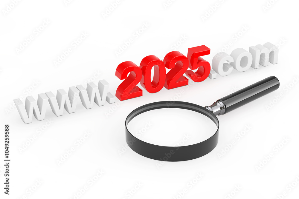 Poster 2025 New Year Concept. WWW 2025 Com Site Name with Magnifying Glass. 3d Rendering