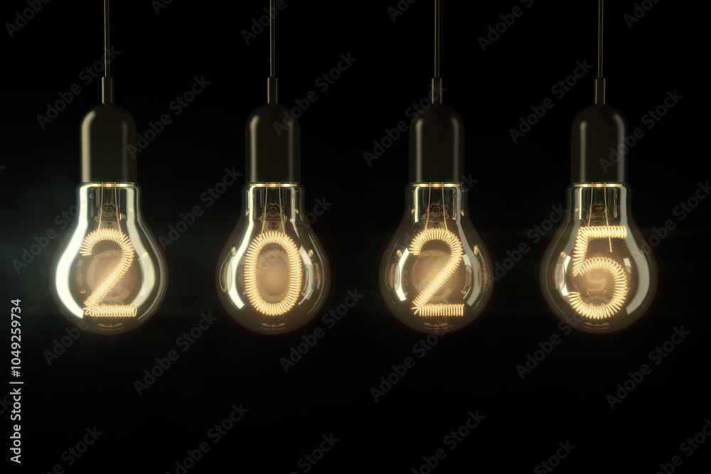 Poster light bulbs illuminated 2025 new year. 3d rendering