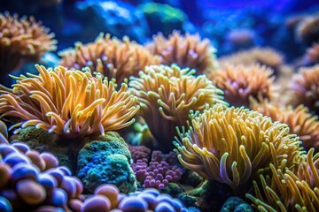 Obraz premium Close-up of a coral reef with slimy seaweed wrapping around it, underwater photos, seaweed entanglement