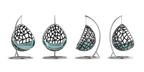 Modern Hanging Chair in the Shape of an Egg with a Silver Frame and a Blue and White Striped Cushion. 3d Rendering