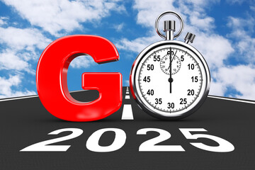 New 2025 Year Concept. Stopwatch as Go Sign over 2025 New Year Road. 3d Rendering