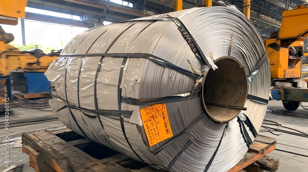 Poster unraveling coil of shiny stainless steel sheet material ready for industrial manufacturing and proce