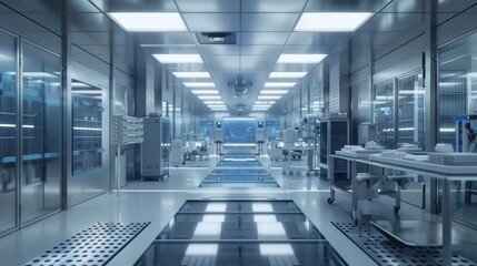 Obraz premium A sterile and futuristic laboratory corridor with stainless steel equipment and a glass ceiling.
