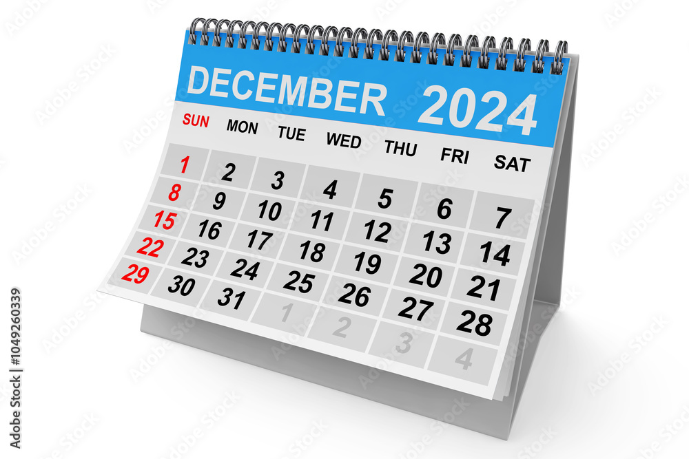 Poster 2024 Year December Calendar. 3d Rendering