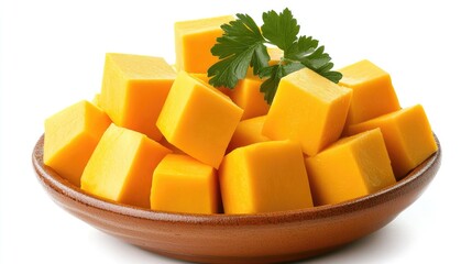 Fresh Yellow Cubes of Cheese on a Wooden Plate
