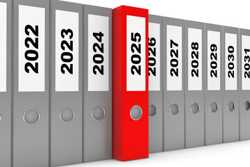 Office Folders with New Year 2025 Sign. 3d Rendering