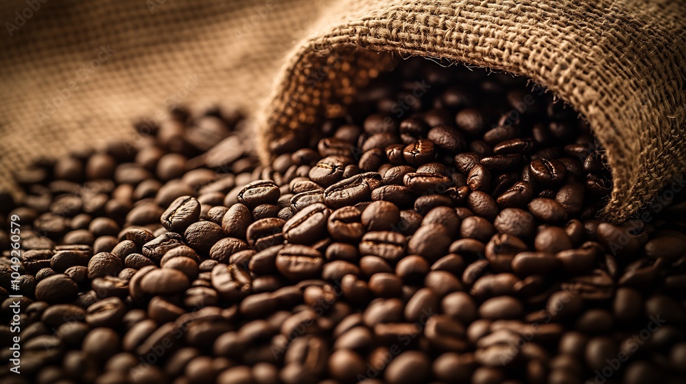 Poster rustic burlap sack overflowing with roasted coffee beans : generative ai
