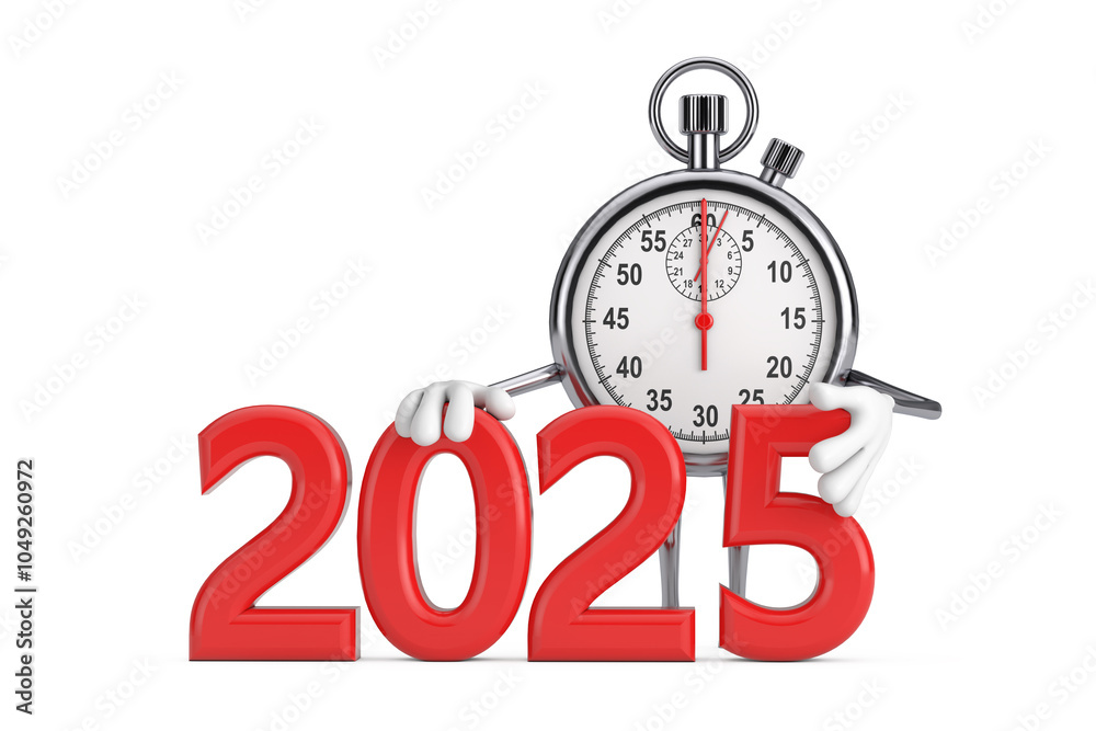 Poster modern stopwatch cartoon person character mascot with red 2025 new year sign. 3d rendering