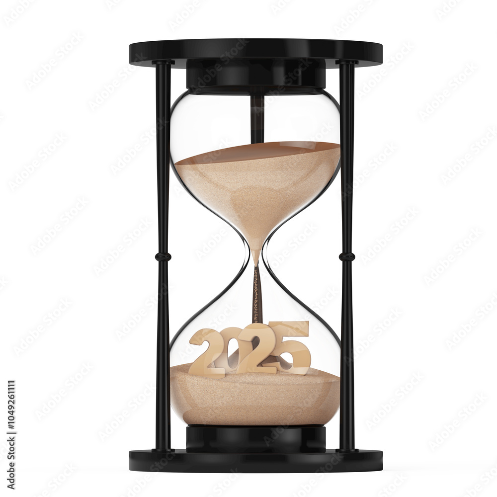 Aufkleber new 2025 year concept. sand falling in hourglass taking the shape to 2025 year. 3d rendering
