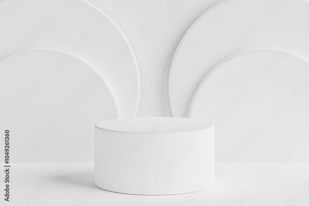 Fototapete White Minimalist Cylindrical Product Display Platform in front of a Overlapping Semicircles Creating an Abstract Pattern. 3d Rendering