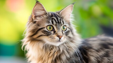 Majestic Long Haired Cat with Striking Green Eyes Posing in Lush Greenery Exemplifying Feline Majesty : Generative AI