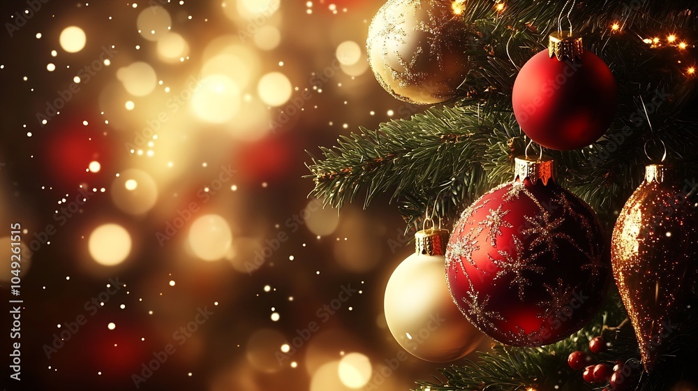 Poster elegant christmas tree with sparkling red and gold ornaments and glowing lights : generative ai
