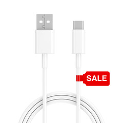 Promoting Discounts on Electronic Accessories Concept. USB-C to USB-A Cable With a Red Sale Tag. 3d Rendering