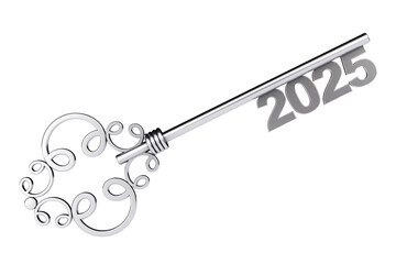 Silver Vintage Key with 2025 year Sign. 3d Rendering