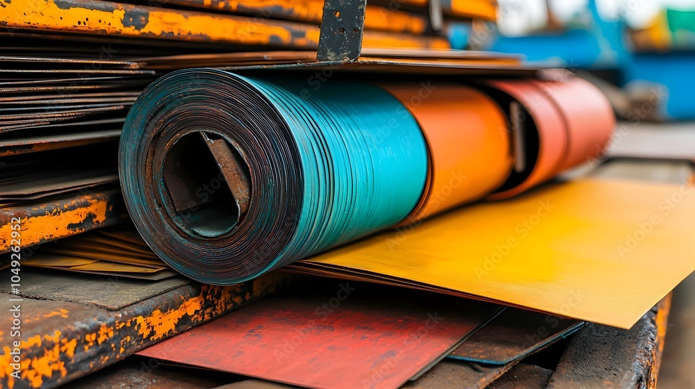Poster Vibrant Sheets of Colored Metal Stored in a Warehouse for Use in Architectural Design and Construction Projects