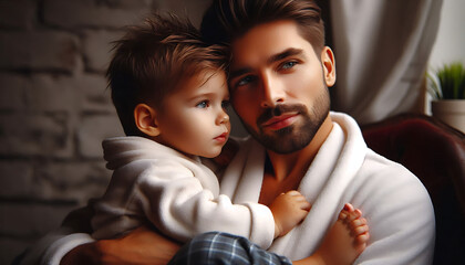 A loving family moment featuring a smiling parent and child enjoying time together at home