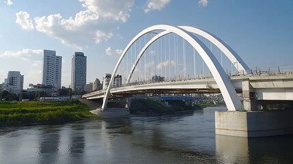 Naklejka premium White Arch Bridge Over River with Modern City Skyline in Daylight : Generative AI